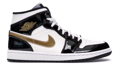 Jordan 1 Mid Patent Black White Gold